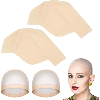 Pack of 2 Latex Bald Caps Adult Latex Bald Hat with Hair Net Bald Wig Hat Cosplay Accessories Carnival Make-Up Costume Accessories for Men and Women One Size