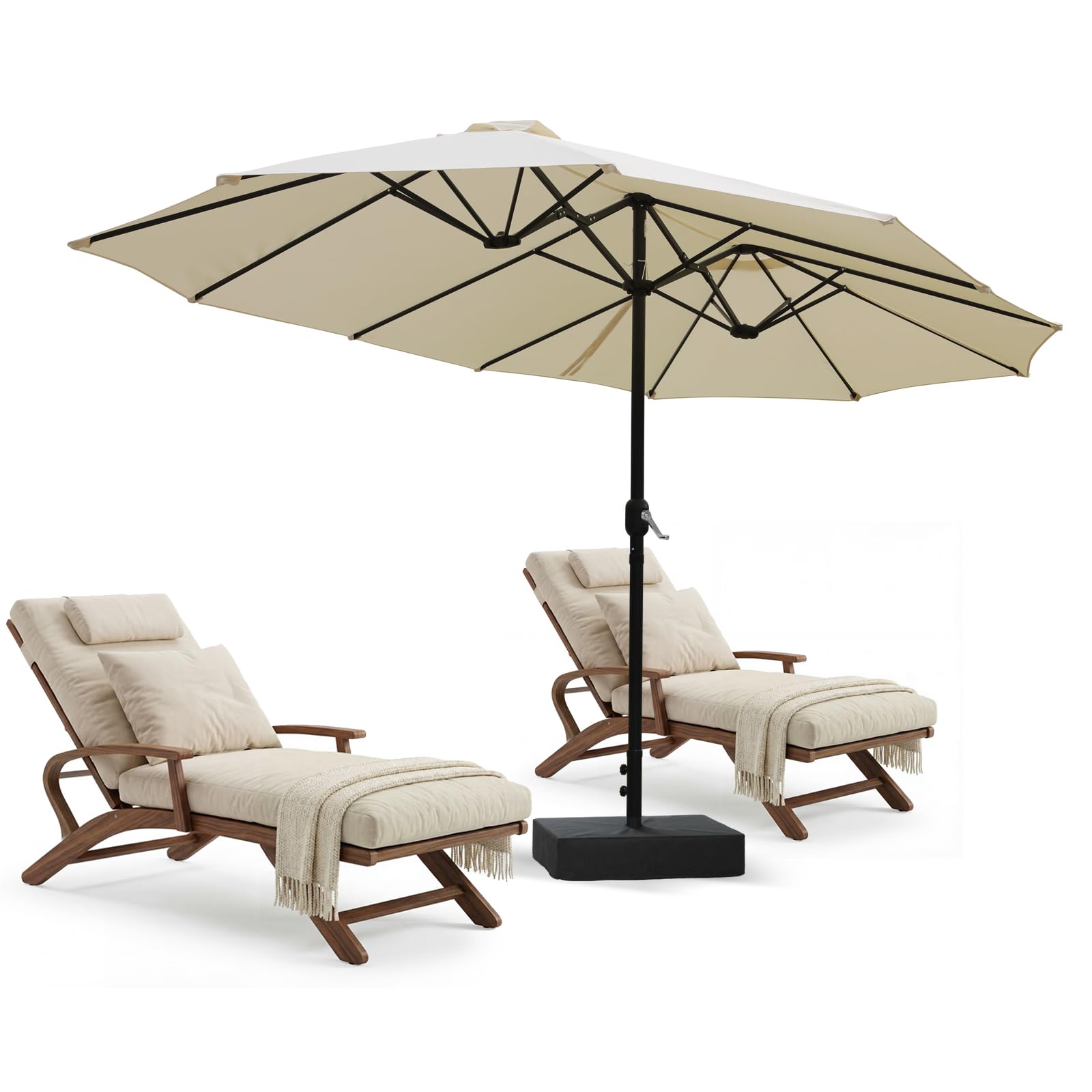 VOWNER Sonnenschirm Doppelseitiger, 4,4mx2,6m, Rechteckig Sonnenschirm mit Kurbel, Sommer Schirm Rechteckig Gartenschirm UV-Schutz, für Terrasse, Garten, Pool, Beige, mit Sonnenschirmhalter + Base