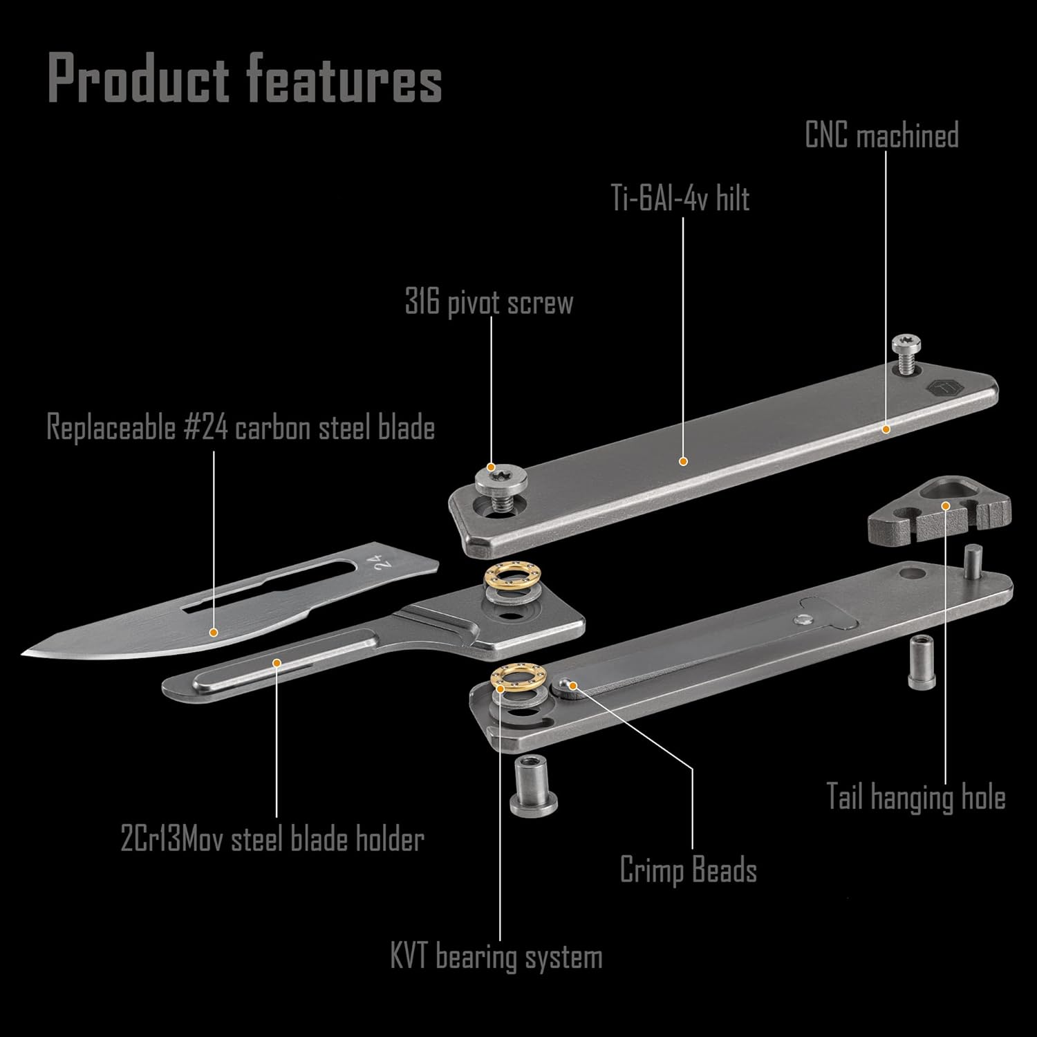 KeyUnity KK02 Titanium Flipper Pocket Knife, Quick Open Keychain Folding Knife with #24 Replaceable Blades for Everyday Carry (Sandblasted)