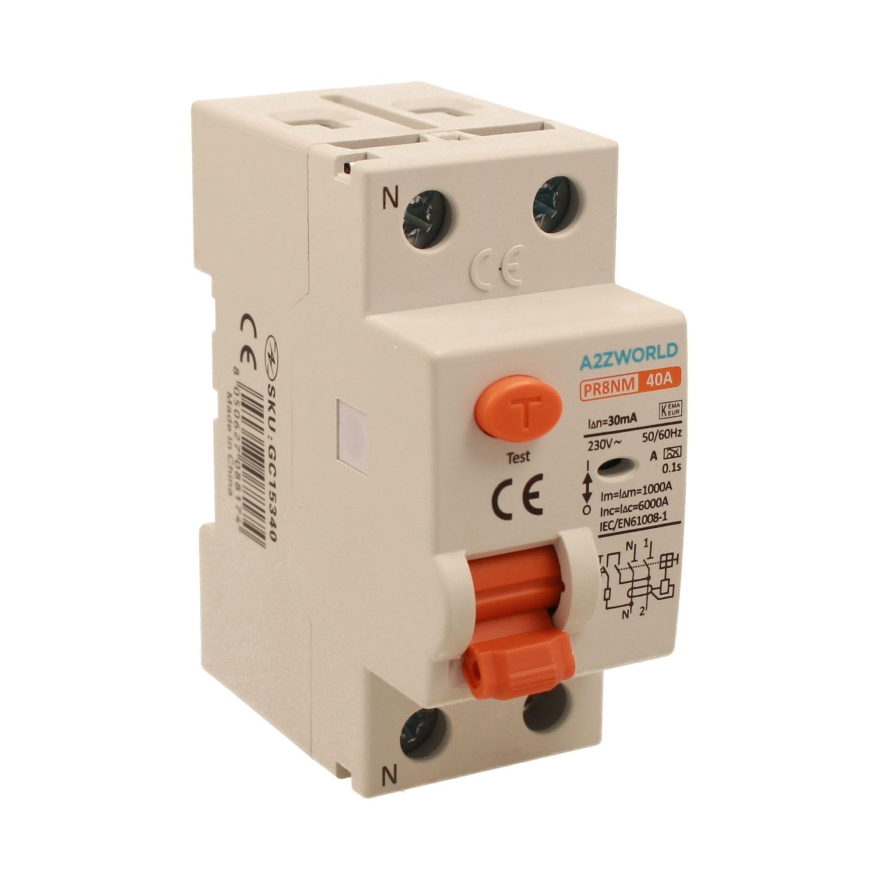 Interruttore Differenziale Puro Tipo A, Salvavita 30mA 40A, RCCB 1P+​N 6kA 220V, 2 Moduli DIN, Serie PR8NM Elettromagnetica, Certificato IEC61008-​1