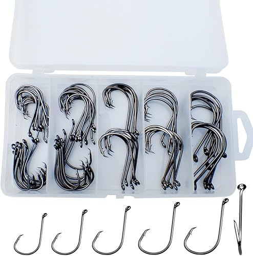 Drasry Juego de anzuelos de pesca de acero de alto carbono, anzuelo afilado para agua salada y agua dulce