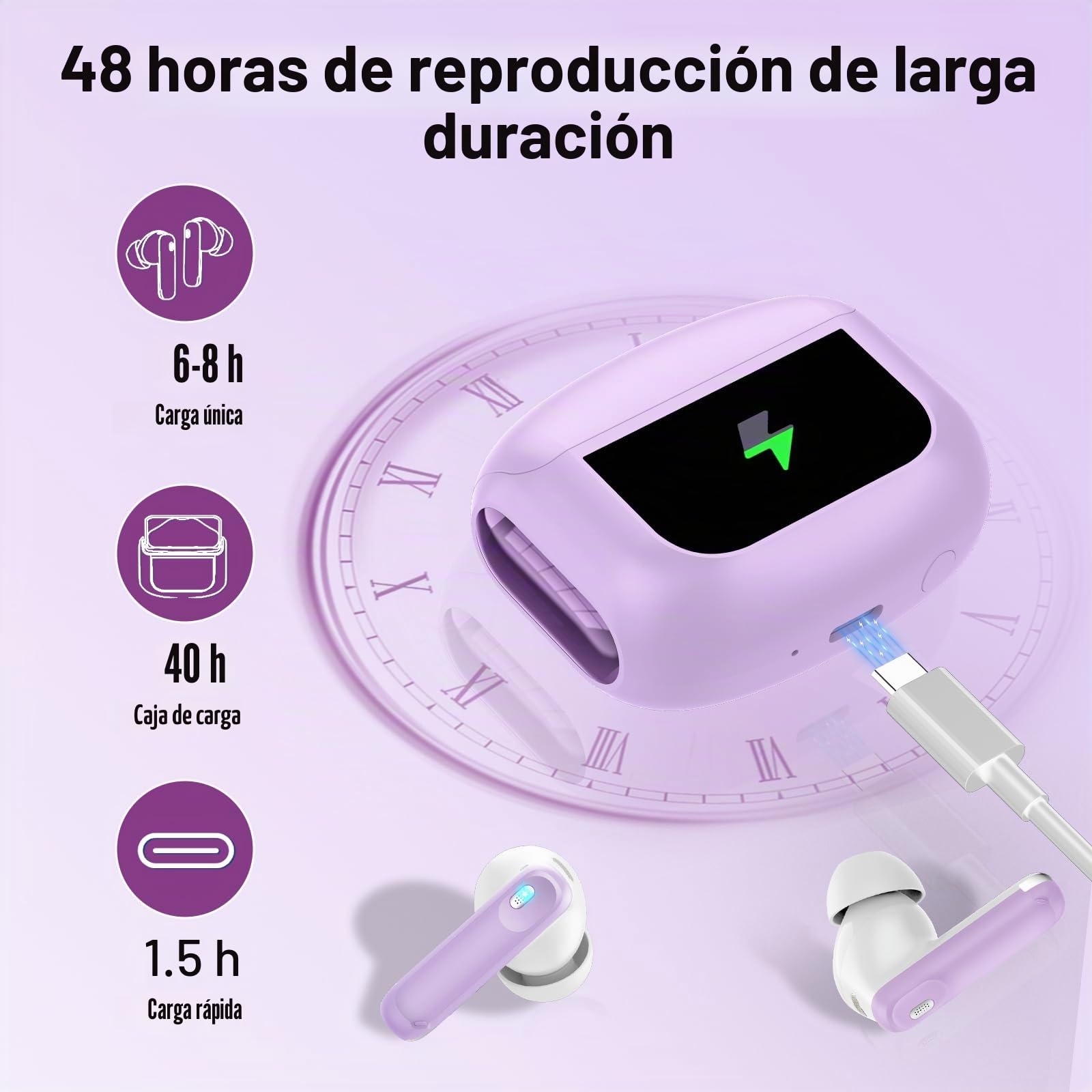 Auriculares Inalambricos Bluetooth, 48H Auriculares Bluetooth 5.4 con Pantalla Táctil LED, 4 Mic con Reducción de Ruido ANC+ENC, HiFi Estéreo Cascos Inalambricos con IP7 Impermeable/5 Modos EQ, Morado