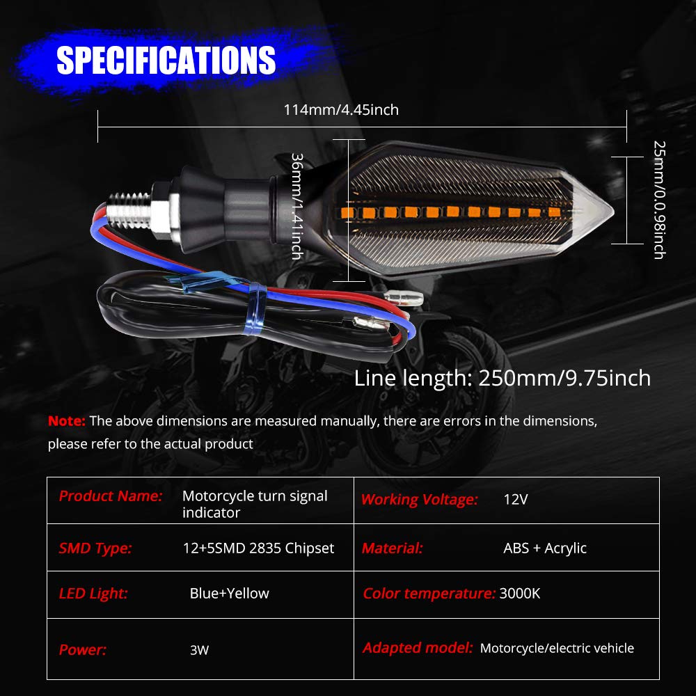 HENLIX 2pcs Universal Motorcycle Motorbike Turn Signal Indicator Lights Red Flowing,Arrow Blue DRL Daytime Running Lights for Yamaha Suzuki Kawasaki Waterproof .(Amber/Blue)
