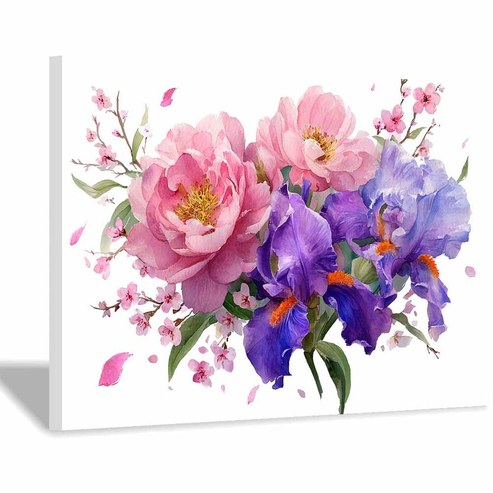 Hoqiu Multicolor Botanical Prints Pink Peony Irises Art Artwork, Wall Decoration Living Room Bedroom Hallway Stairs Decoration.(Multicolor)-20X30cm Framed
