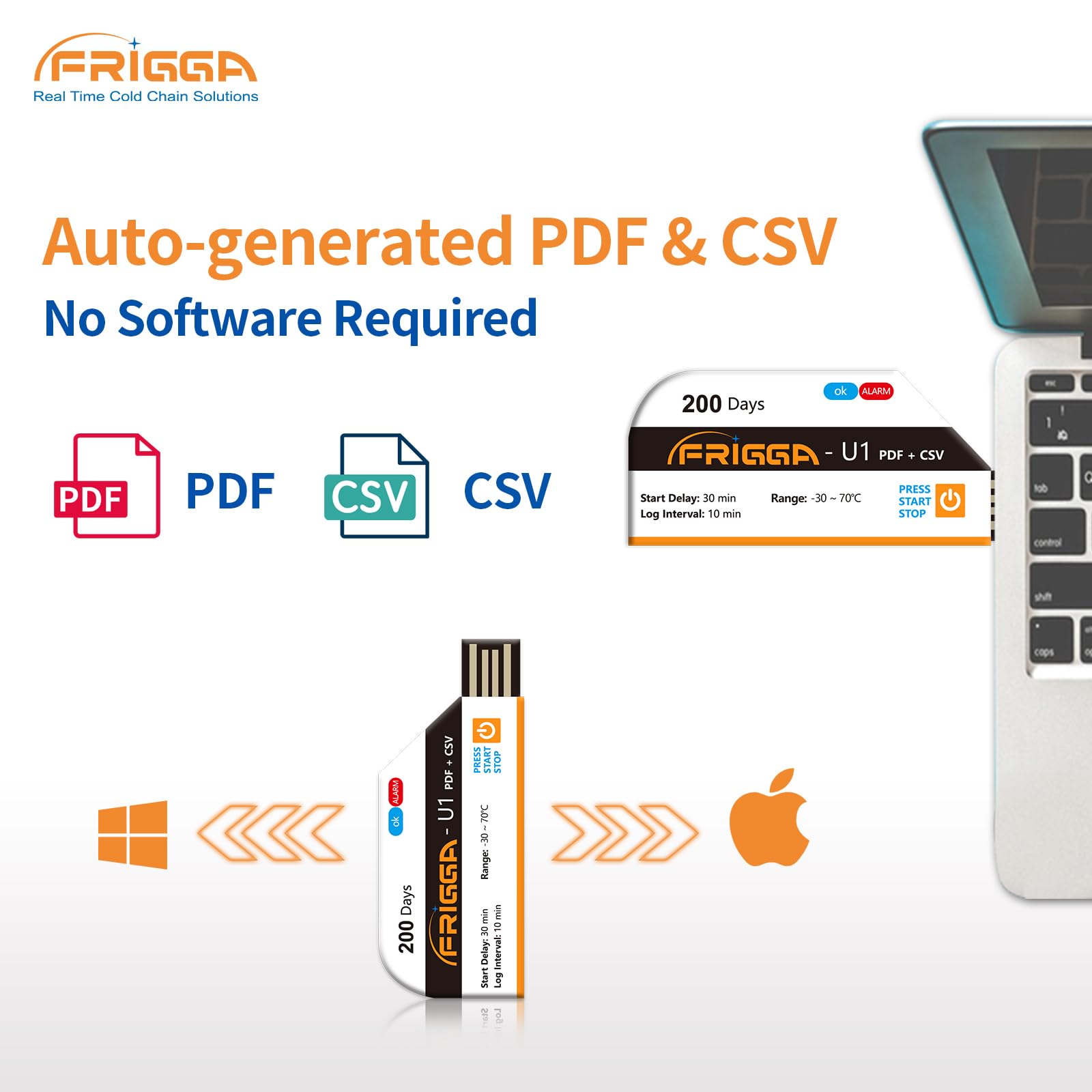 Frigga Paquete de 10 registradores de datos de temperatura, registrador de temperatura de un solo uso, 28800 puntos, registradores de temperatura USB, alta precisión, 200 días, transporte de cadena
