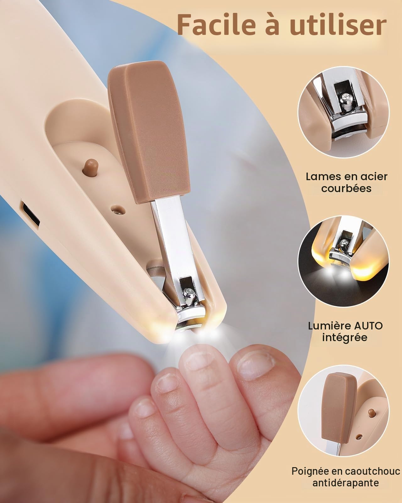 Lictin Lime à ongles électrique pour bébé, Lime à ongles rechargeable pour bébé, Lime à ongles électrique avec lumière, Lime à ongles pour bébé avec 10 têtes de meule de rechange, Khaki