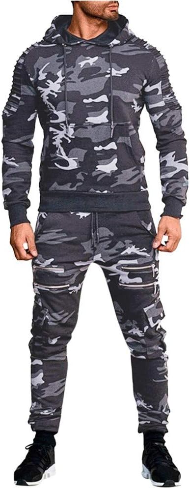 Mens Camouflage Gym Full Tracksuit Jogging Bottoms Hoodie Top Set Joggers Tracksuit Bottoms Mens Tracksuit Camouflage Print Athletic Hoodie with Joggers Sweatpants Casual Sports Activewear Set