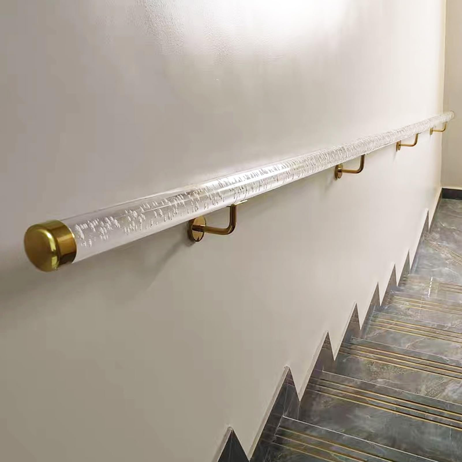 Clear Acrylic Staircase Handrail Kit with End Caps & Brackets, Indoor Outdoor Stairs Handrail for Wall/Acrylic Stair Balusters, Safety Stair Railing Grab Bar(Gold Bracket,320cm/10.5ft)