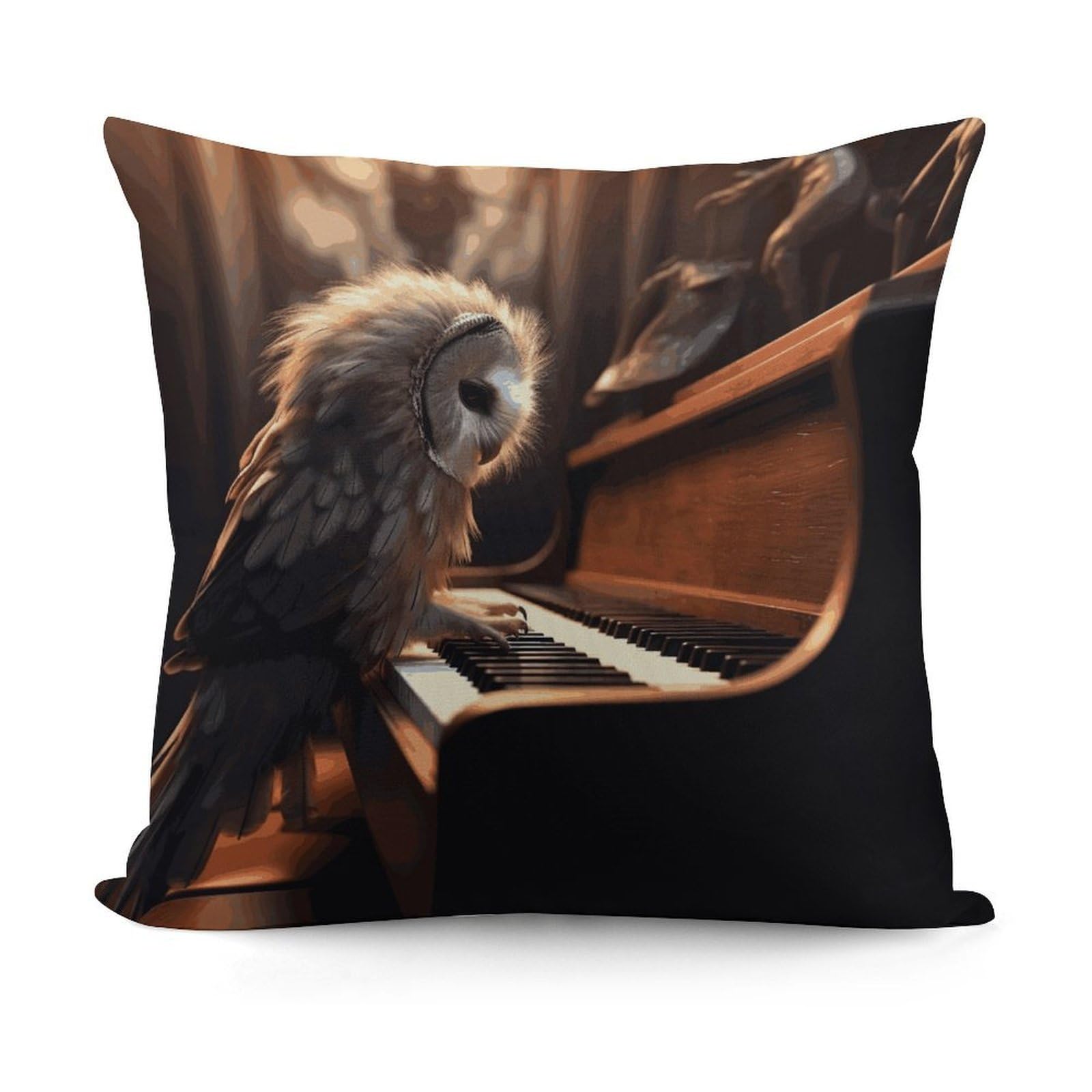LZQPOEAS Owl Plays Piano Throw Pillow Cover 18x18 in Breathable Square Pillow Case Cozy Soft Pillowcase Protector Fashion Modern Couch Cushion Case for Living Room Bed Sofa Decor