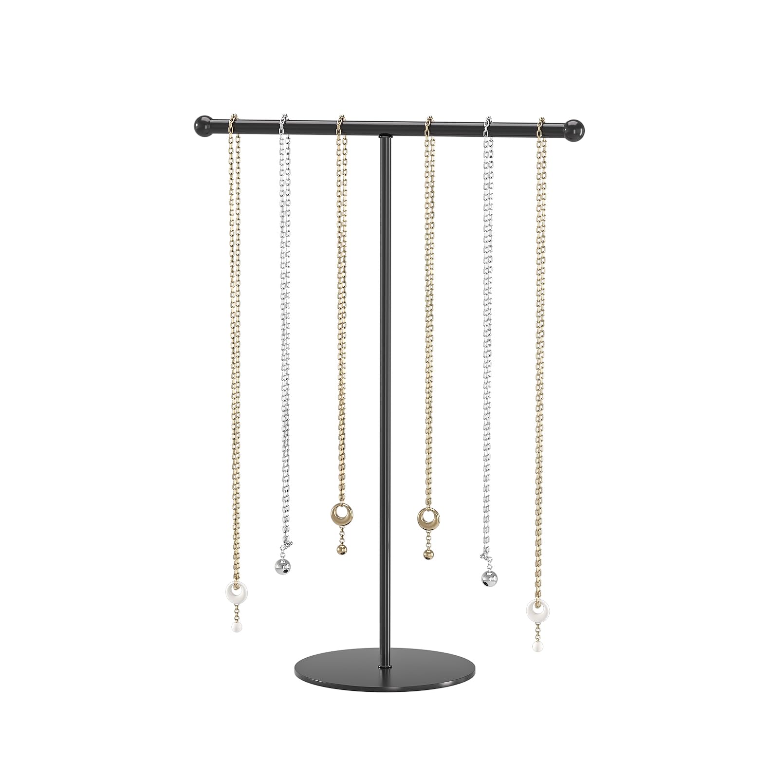 Photo 1 of Justsoso Metal T-Bar Necklace Holder Stand, Necklace Hanging Display Stand, Tabletop Jewelry Organizer Stand for Necklace Bracelet Earring Display (Black With Metal Base)