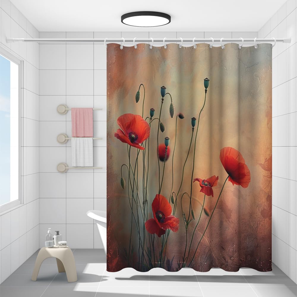 FYFMUSHE Red Poppy Shower Curtain for Bathroom, Watercolor Vintage Flower Waterproof Polyester Fabric Bath Curtain with 12 Hooks, Bathtub Privacy Decor, 183 x 183 cm
