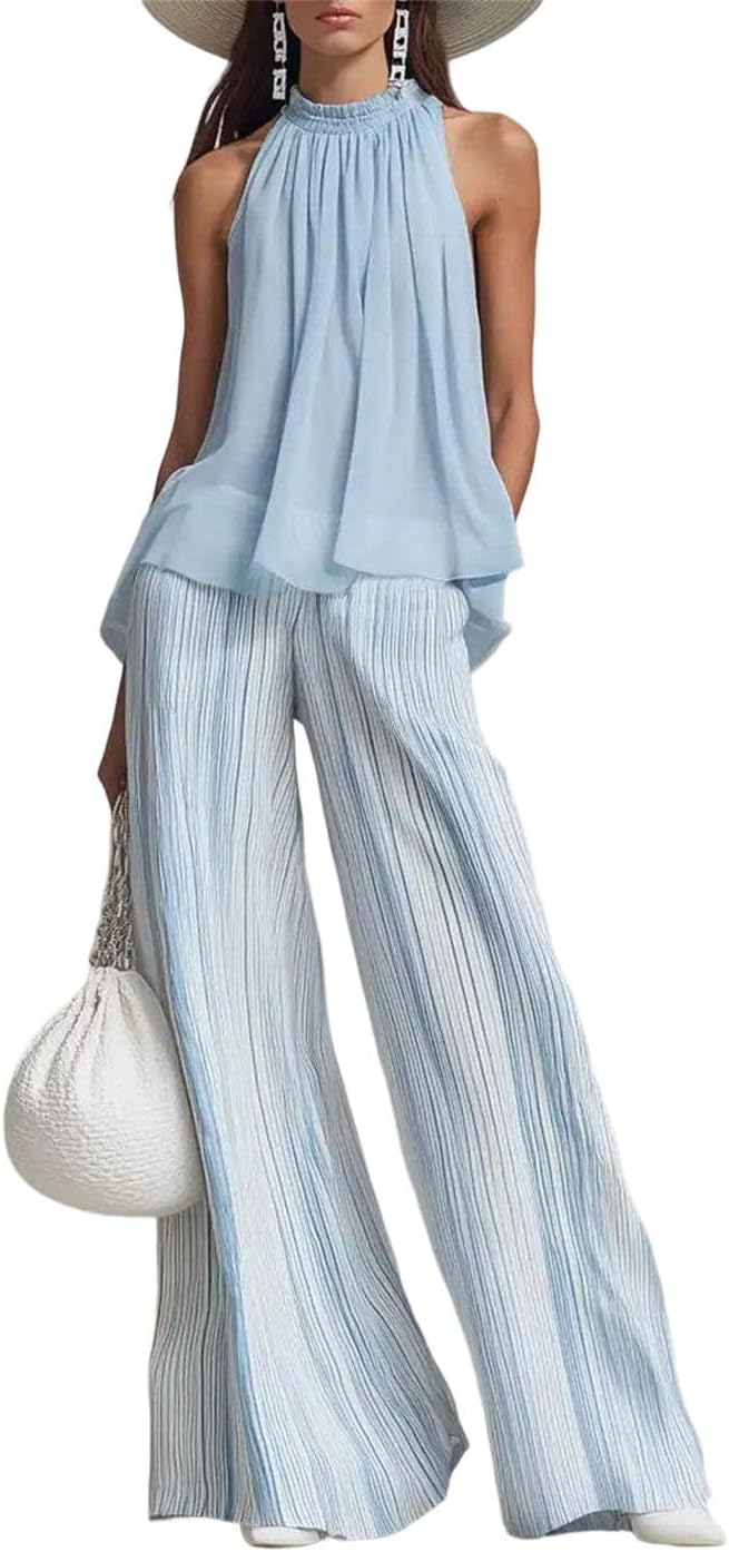 Womens Two Piece Chiffon Sleeveless Top Wide Leg Trousers Set Casual Vacation Striped Suit
