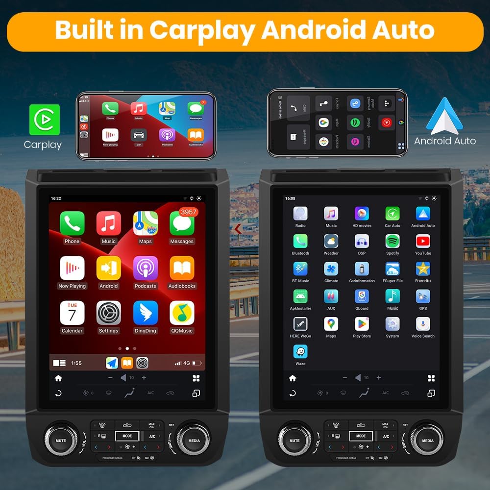 Screenshots showing the user interface for Wireless CarPlay and Android Auto on the Junsun stereo.