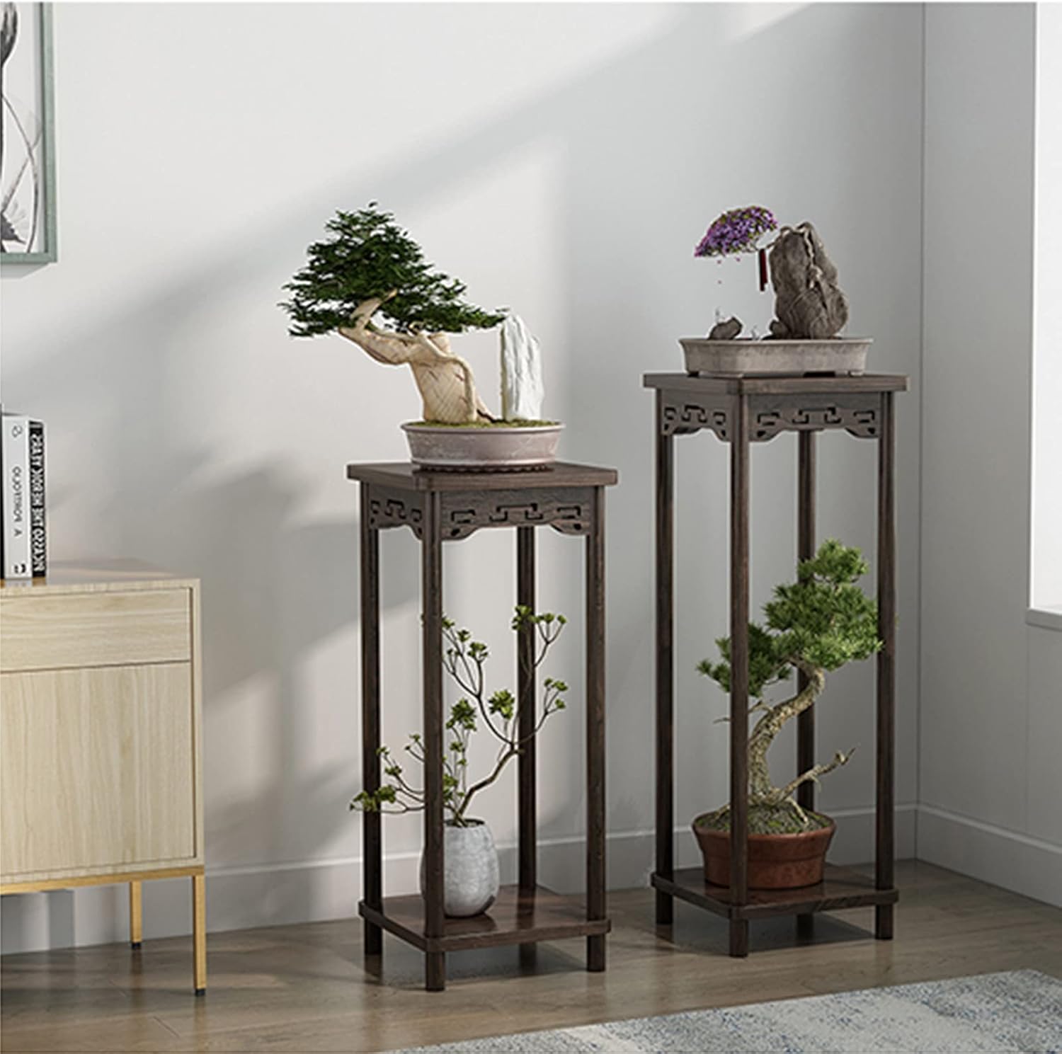 Liudan Vase Pedestal Stand Wooden Plant Display Stand Flower Shelf Chinese Style Indoor Indoor Wooden Flower Pot Rack Antique Living Room Flower Shelf Bonsai Base (Size : M)