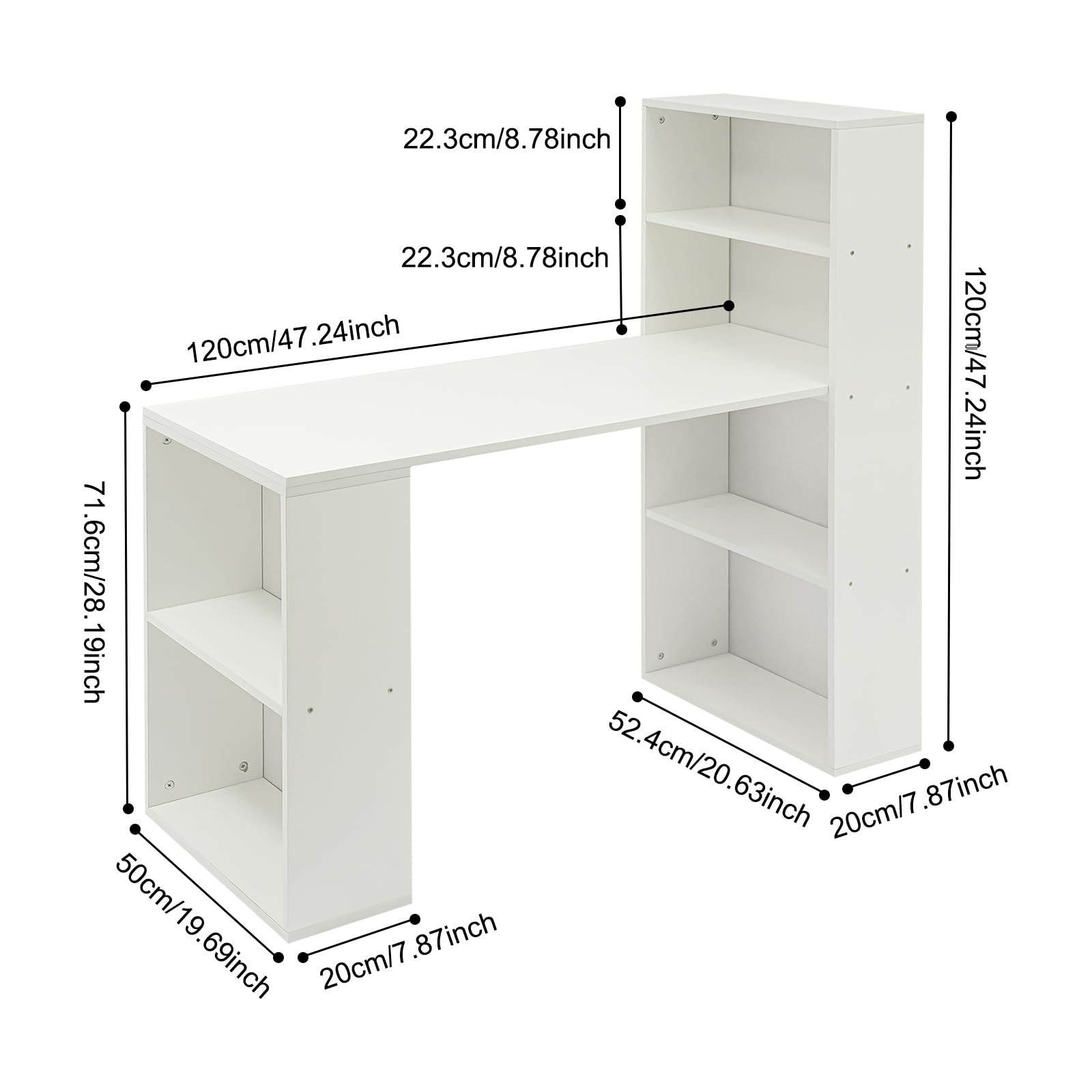 Scrivania con vano portaoggetti, scrivania per computer con ripiani aperti, tavolo da ufficio, bianco per camera da letto, studio, 52,4 x 120 x 120 cm