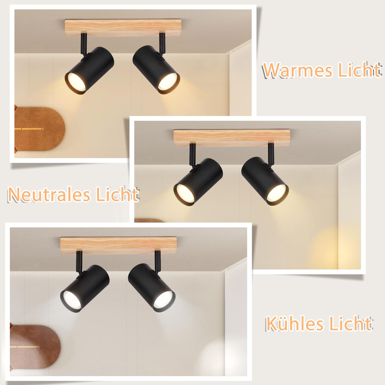 Glitzerlife Deckenstrahler 2 Flammig Deckenlampe Holz - Flurlampe Deckenspots GU10 Deckenleuchte Schwarz 350° Schwenkbar Vintage Industrial Retro für Flur Wohnzimmer Schlafzimmer Küche Esszimmer