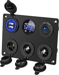 6 in 1 Cigarette Socket Panel, Linkstyle 12V 3-Socket Cigarette Lighter Splitter & 12V 4.2A Dual USB Charger Socket Outlet & LED Voltmeter & Blue LED Rocker Toggle Switch for Car Marine Boat Truck RV