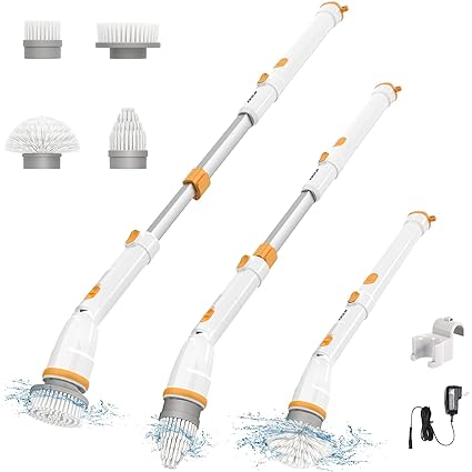 Electric Spin Scrubber, KiKoLin 2 Speed Control Tub Scrubber, Cordless Cleaning Brush Power Scrubber for Bathroom, Floor, Kitchen with 4 Replaceable Brush Heads and Adjustable Extension Long Handle