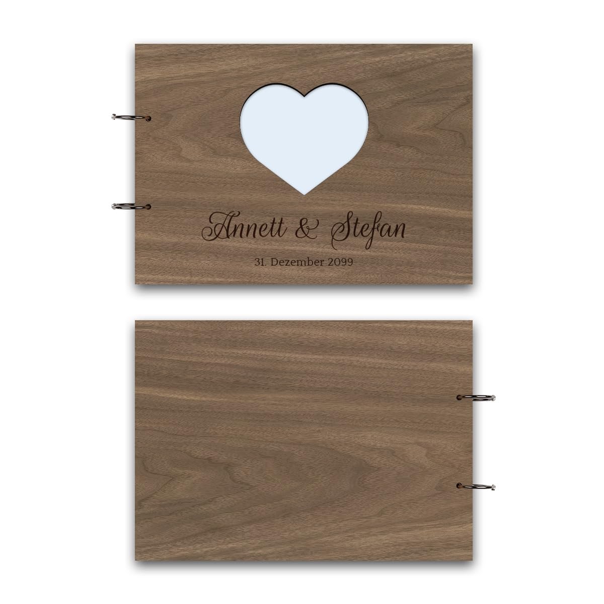 Hochzeit Gästebuch Nussbaum Holz Gravur individuell Holzcover mit 72 Blatt |144 Naturpapier Innenseiten DIN A4 quer 302 x 215 mm - Herz