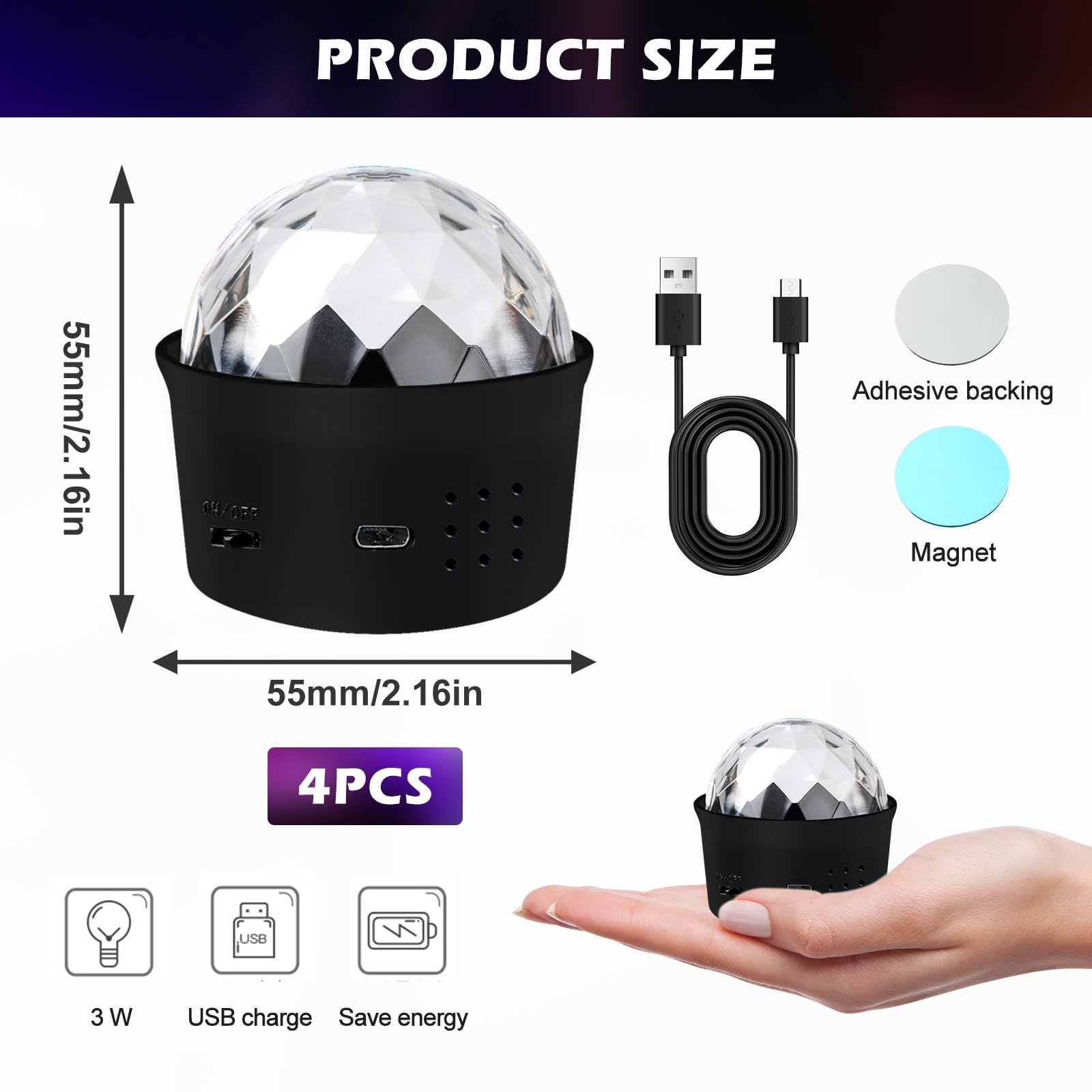 BORDEAG Lámpara de Fiesta LED: 4 Piezas Efectos Luminosos Dinámicos RGB, Control Musical, Rotación 360°, con Control Remoto, para Fiestas, Disco, Cumpleaños Niños (55 * 53 * 53mm, Negro)