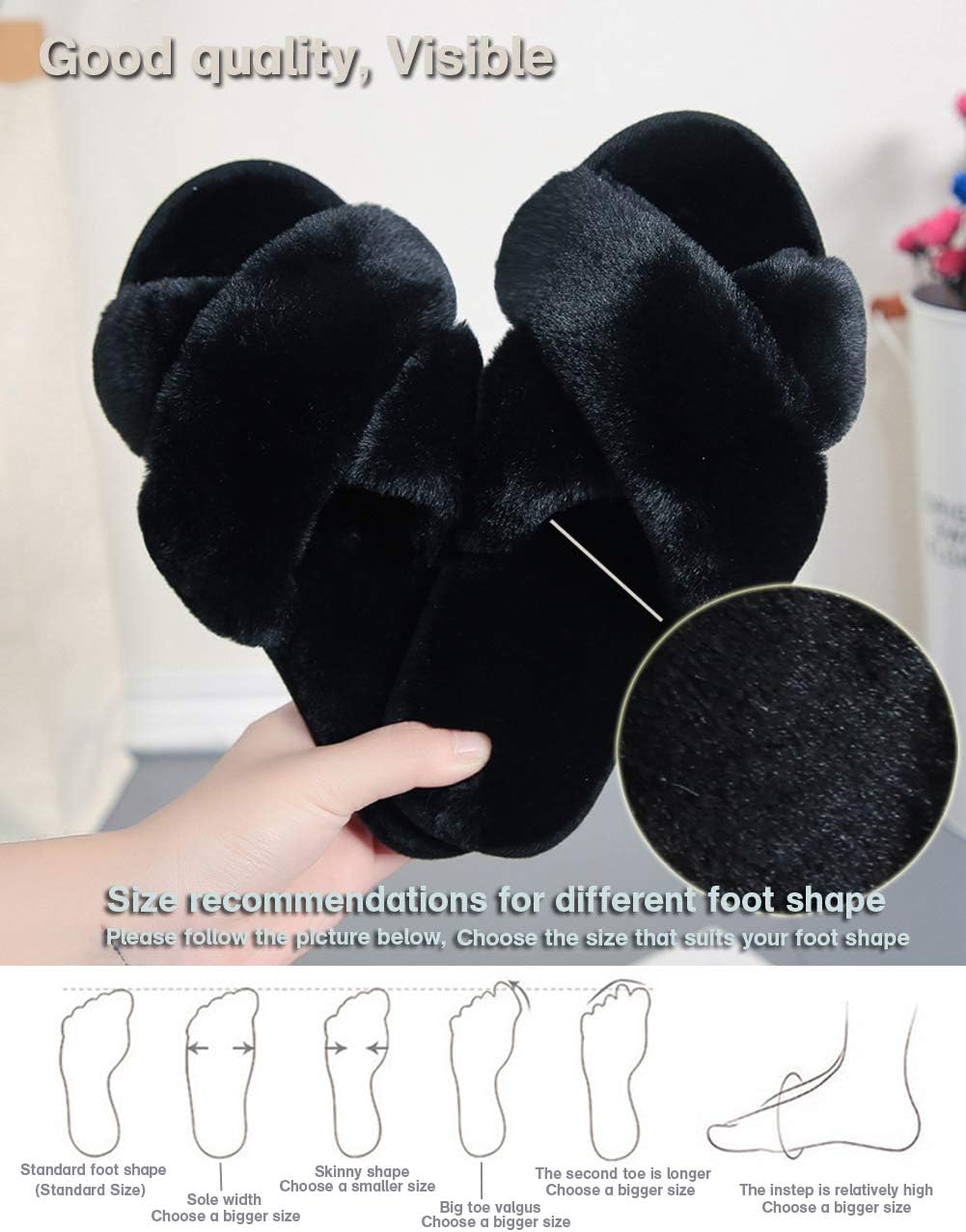 LZLER Women’s Cross Band Slippers, Soft Plush Fleece Lightweight Non Slip Open Toe Flip Flop Shoes House Indoor Outdoor Fur Fuzzy Slippers