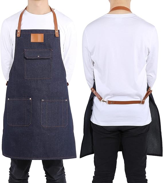 Zerodis Denim Apron, Kitchen Apron with 3 Pockets and Adjustable Leather Strap for Cooking BBQ, Bartender Chef Work Apron Heavy Duty Bib for Men Women(78.00 * 68.00 * 2.00cm-Blue)