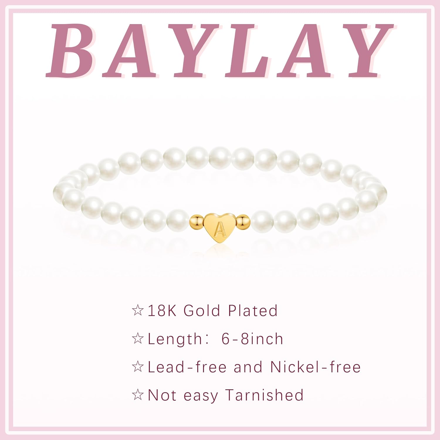 BAYLAY Pearl Initial Bracelet for Women - 18K Gold Plated Heart Letter A-Z Initial Bracelet for Teen Girls Pearl Bracelets for Women Dainty Gold Bracelet Flower Girl Gifts Bridesmaid Proposal Gifts - Image 6