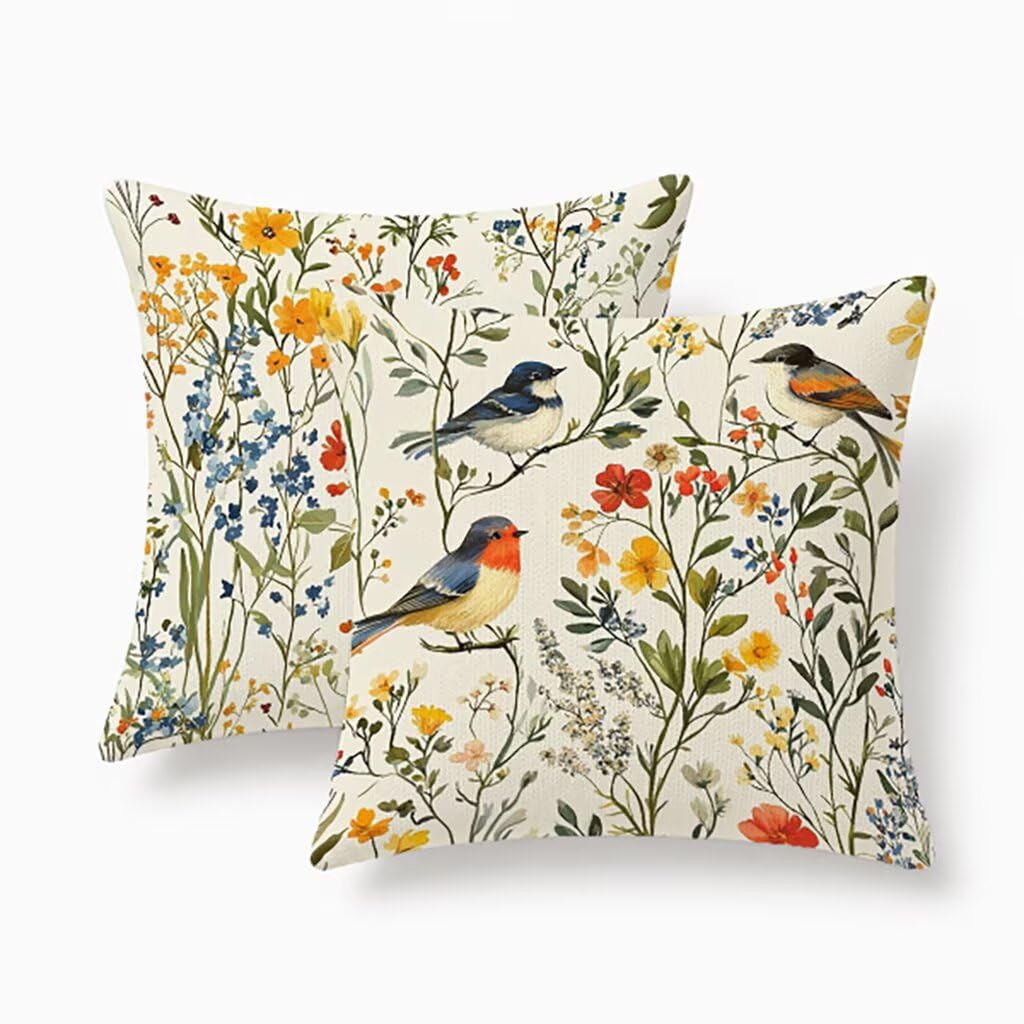 Housses de coussin 60x60cm lot de 2 blanc lin extérieur imperméable motif oiseau