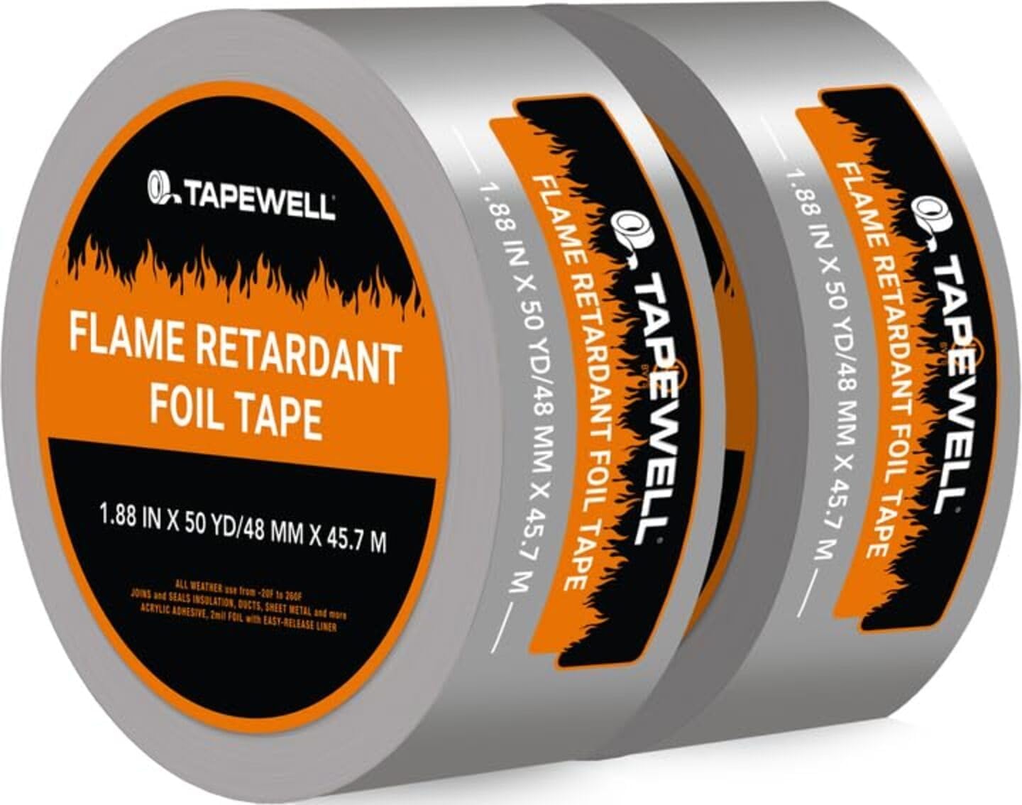 TAPEWELL Professional Aluminum Foil High Temperature Tape, Premium Aluminum Tape for Ductwork, HVAC, Dryer Vent -2 Inch by 150 Feet (50 Yards) 3.9 Mil - Pack of 2