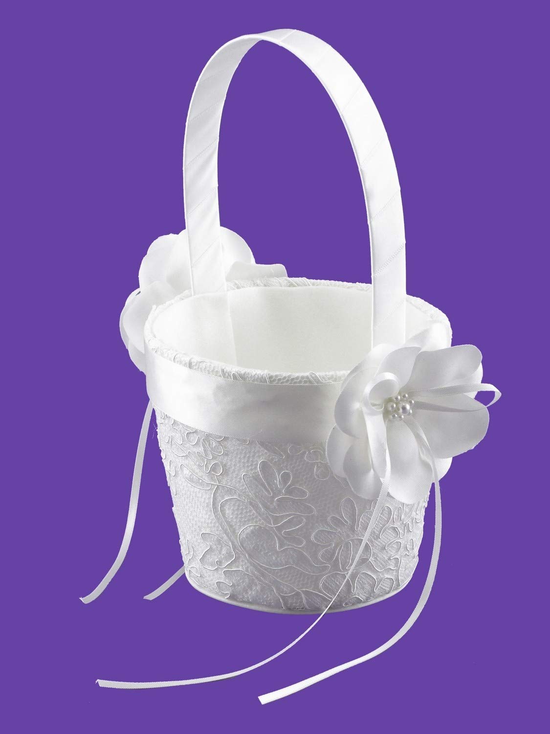 DivaDesigns Wedding Flower Girl Basket Embroidery Flower Faux Pearl - 607 White Medium