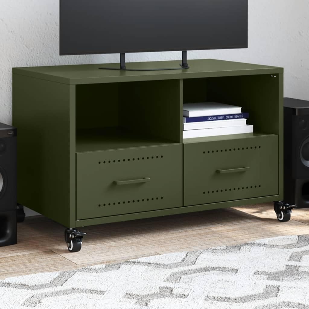 vidaXL Olive Green Metal TV Cabinet with a television on top, showing two open shelves and two drawers with perforated fronts, all on wheels.
