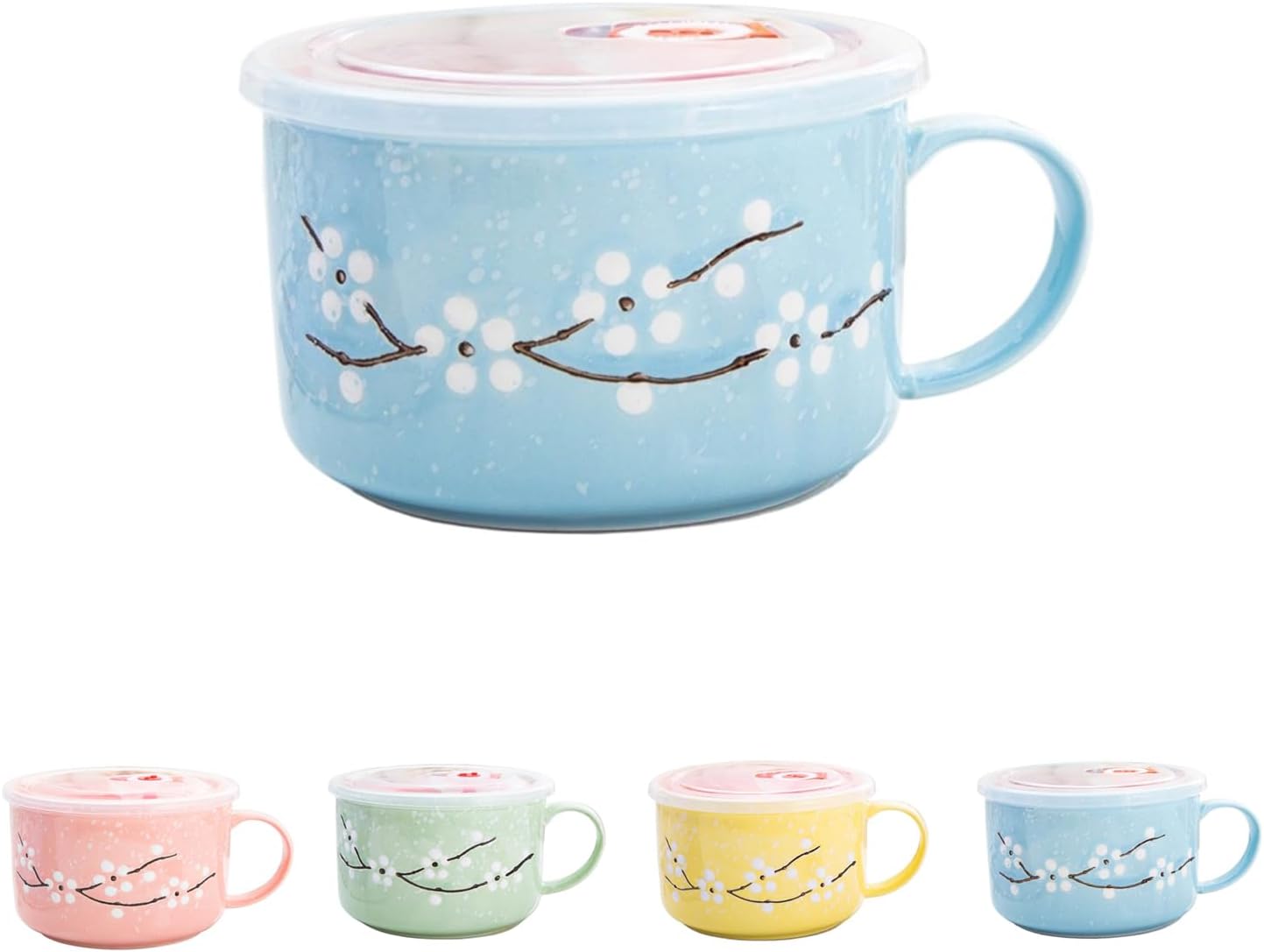 Ceramic Soup Bowl with Lid and Handle | Large 27oz Microwavable Instant Noodle Mug | Heat Preservation Food Container for Oatmeal, Cereal, Ramen & Travel | Leakproof & Dishwasher Safe (Blue)