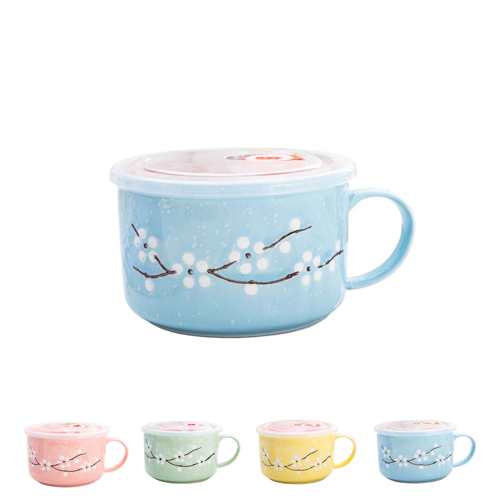 Ceramic Soup Bowl with Lid and Handle | Large 27oz Microwavable Instant Noodle Mug | Heat Preservation Food Container for Oatmeal, Cereal, Ramen & Travel | Leakproof & Dishwasher Safe (Blue)