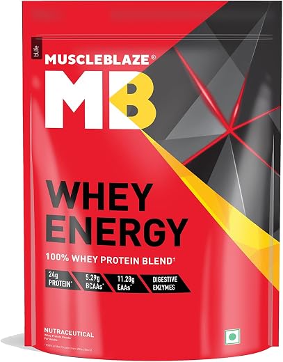 MuscleBlaze Whey Energy (Chocolate, 1kg / 2.2lbs) | 24g Protein, 100% Whey Protein Blend, Added Digestive Enzymes