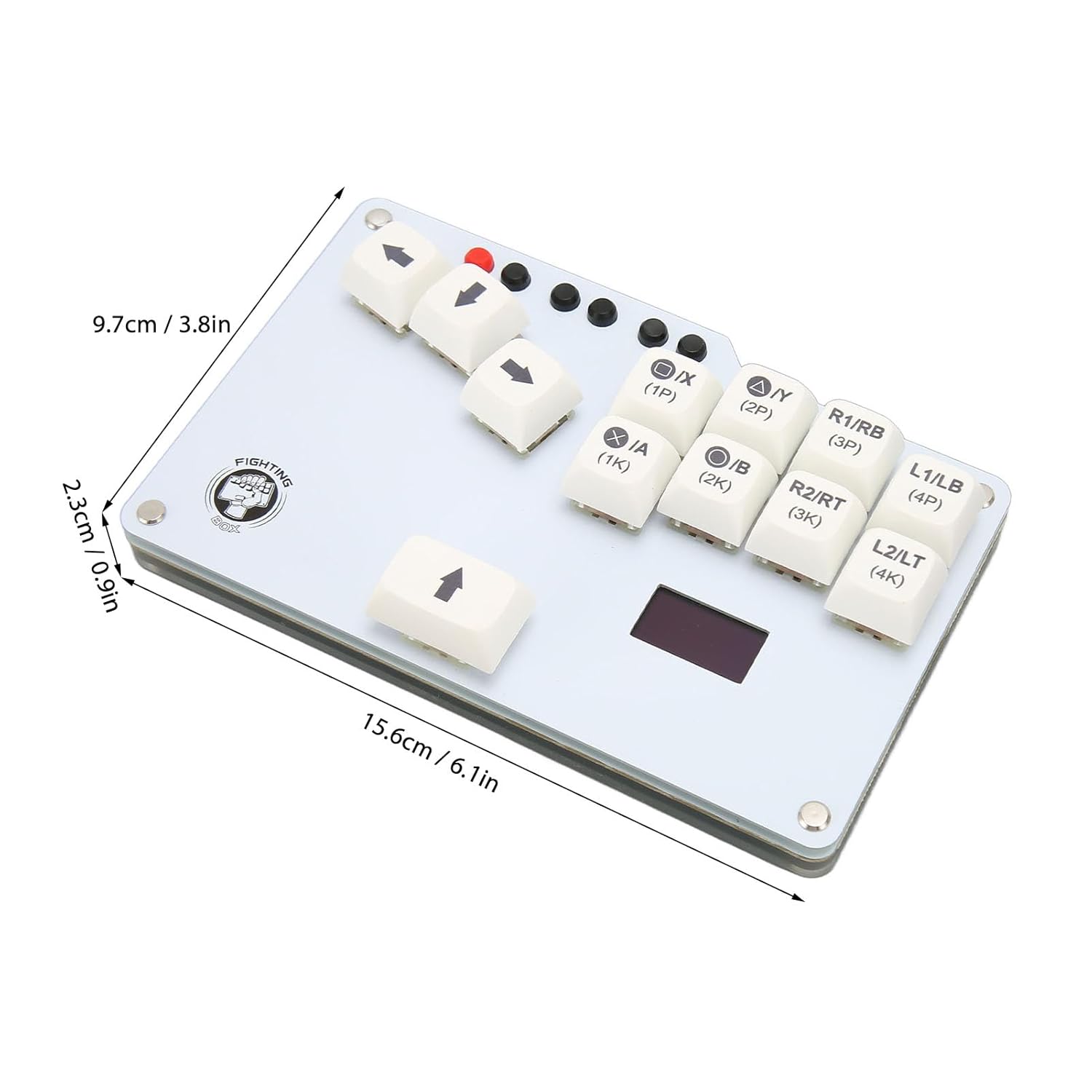 Image showing the dimensions of the ciciglow Fighting Box Keyboard: 15.6 cm (6.1 in) length, 9.7 cm (3.8 in) width, and 2.3 cm (0.9 in) height.