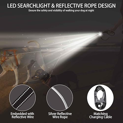 Miniatura 2 de BINGPET Correa doble retráctil para perro con luz, correa doble para perros sin enredos de 360 para dos perros con cuerdas de alambre reflectantes,