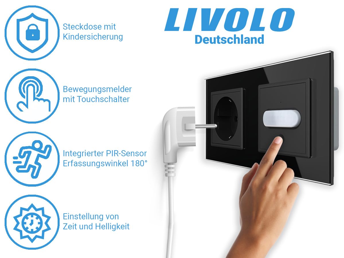 Livolo Steckdose und PIR Bewegungsmelder Sensor mit Touchschalter EIN/Aus automatische Lichtsteuerung bei Bewegung Unterputz Wandmontage Schuko Buchse EU Stecker 2-Fach Glasrahmen