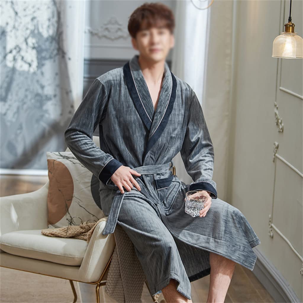 Bathrobe Flannel Man Bathrobe for Home Lengthen Warm Robe Kimono Nightgown Dressing Gown(XL code)
