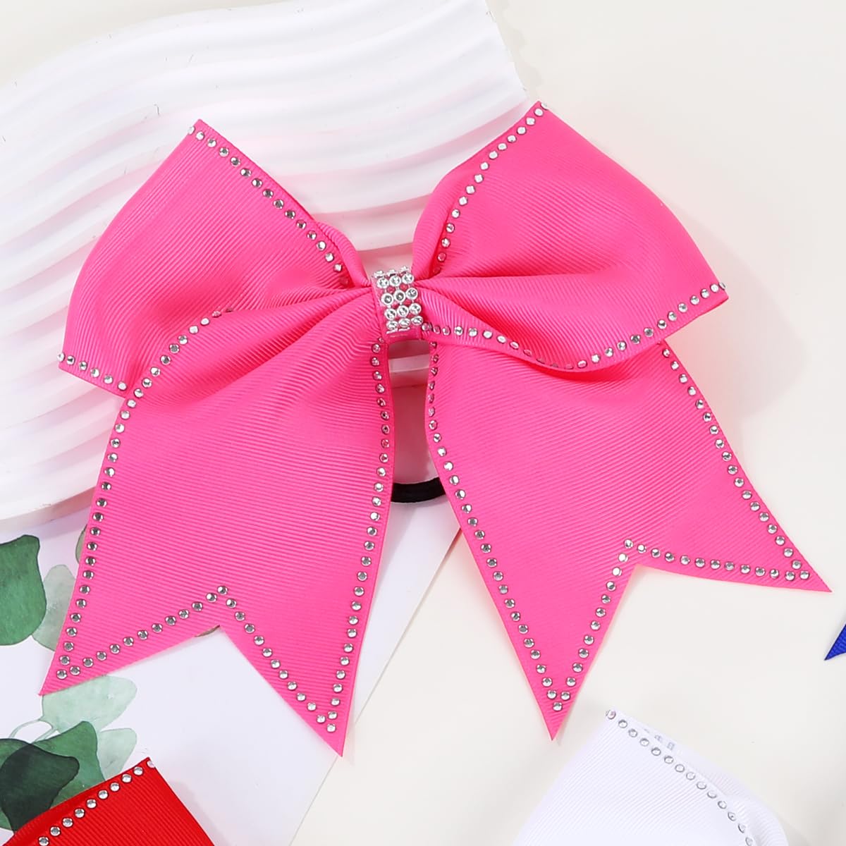 Lazos grandes con diamantes de imitación para el pelo, 12 lazos de animación con purpurina de 17,78 cm, soporte para cola de caballo para niñas, moños para animadoras, competiciones