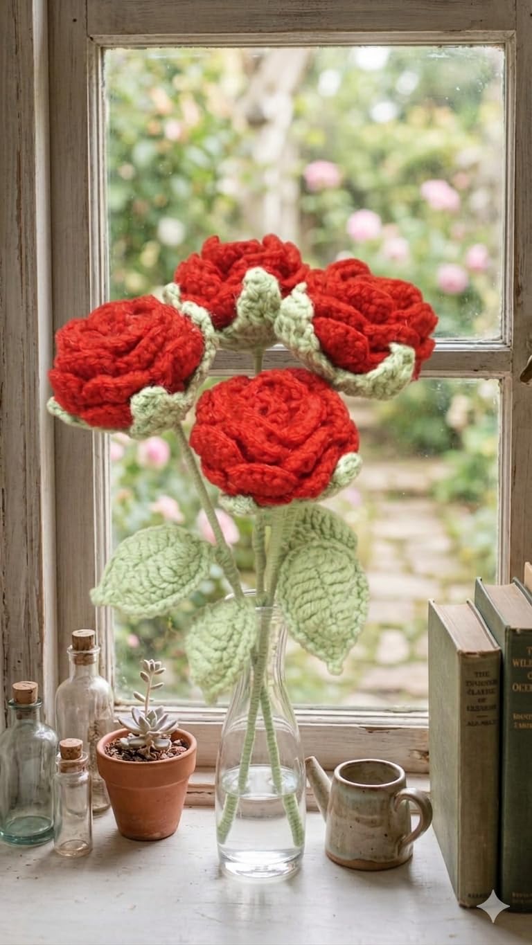 Handmade Crochet Rose Flower Stick Pack of 4 | Knitted Yarn Flowers for Home Décor, Vase Decoration & Gift-image-23