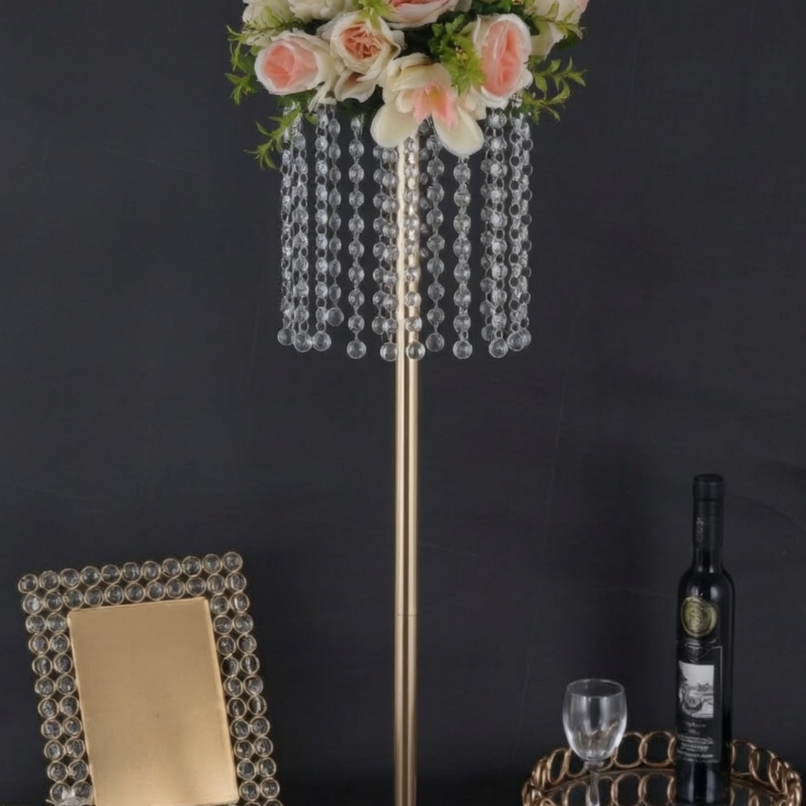 Soporte Decorativo de Boda Alta Centro de Mesa Jarrón Base Elevadora de Aleación con Brillo Espejado y Colgantes Adecuado para Bodas Formales, Plata, Diámetro 20 Cm X Altura 75 Cm