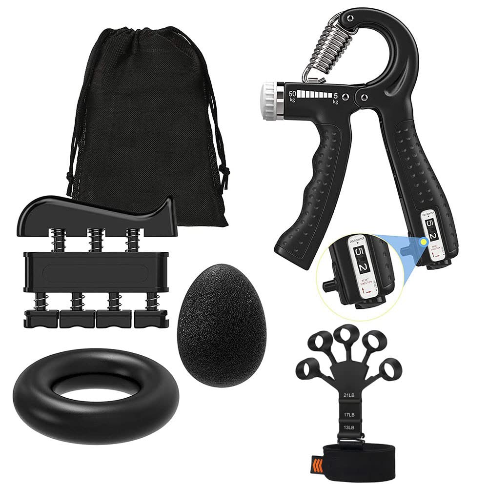 Goodern7 PCS Hand Grip Strengthener Kit with Storage Pouch Hand Finger Exerciser,5 Finger Stretcher Adjustable Hand Gripper Hand Men's Ball Grip Exercise Ring,Mini Portable Daily Sport Equipment