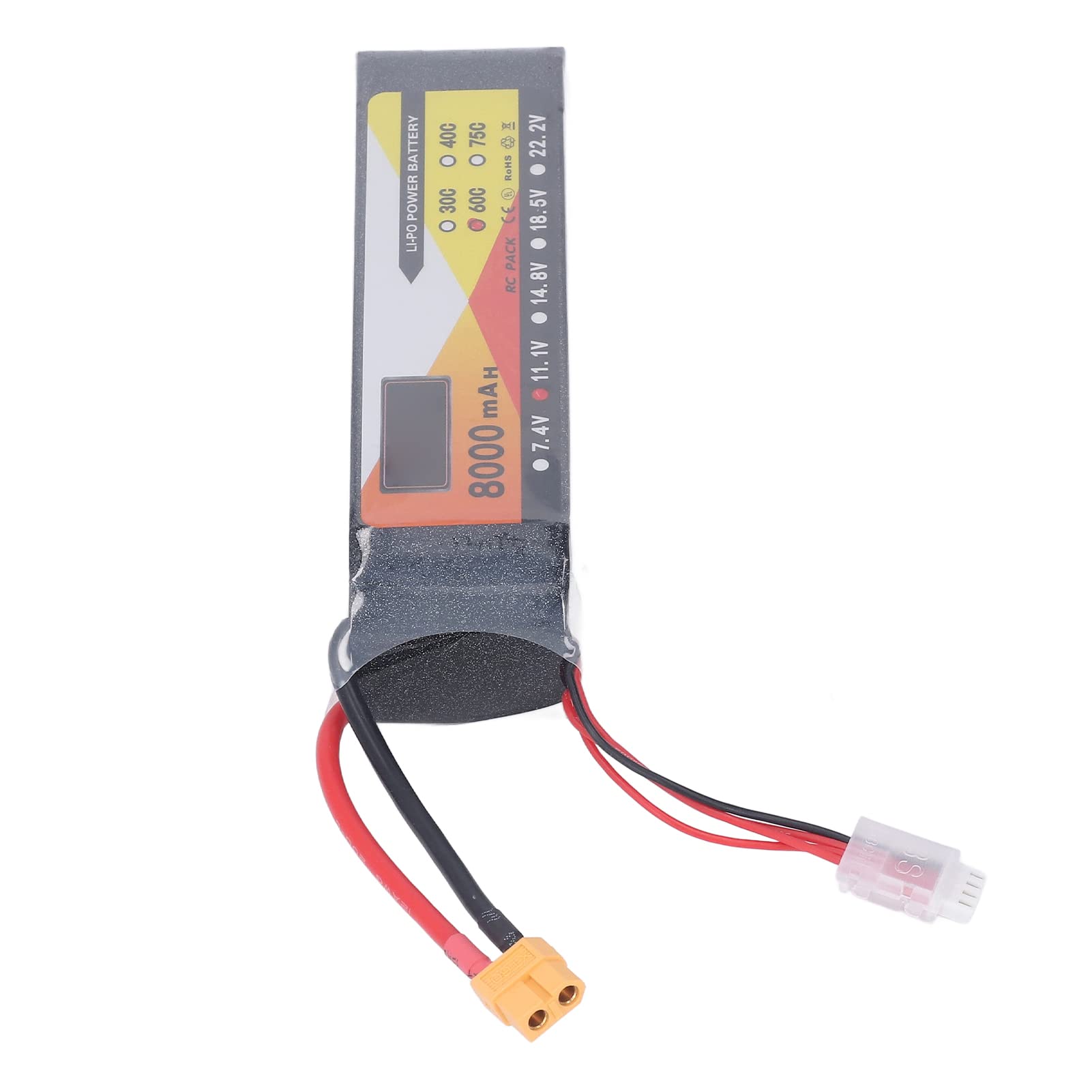 Batteria Lipo da 8000 mAh con tasso di scarica 60C, 11,1 V 3S, connettore XT60, ideale per modellismo di auto e elicotteri radiocomandati.