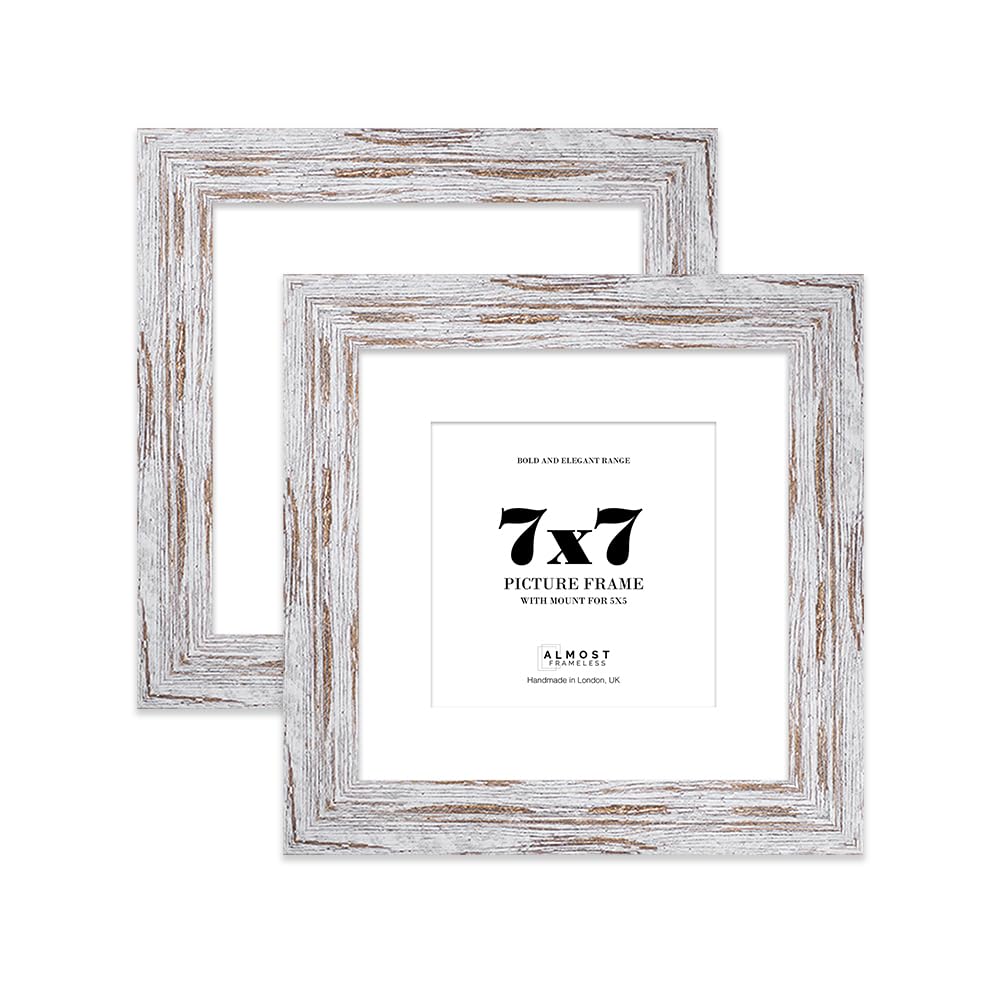7x7" Distressed Wood Square Frame With Mount for 5x5" Pictures 28mm Edge Frame Display with Wall Hooks and Kickstand, 2 Pack