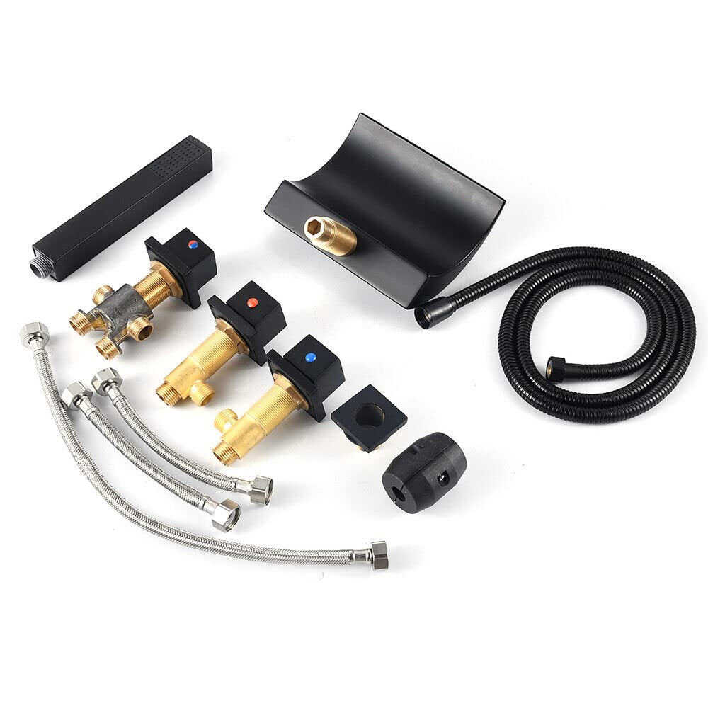Badewannenarmatur LED Wasserfall 3 Farben LED Wasserfall Duschset mit Brause Wasserhahn Duscharmatur 5 Loch Set Wannenrandarmatur Fliesenrandarmatur Duschset Schwarz Duschsystem