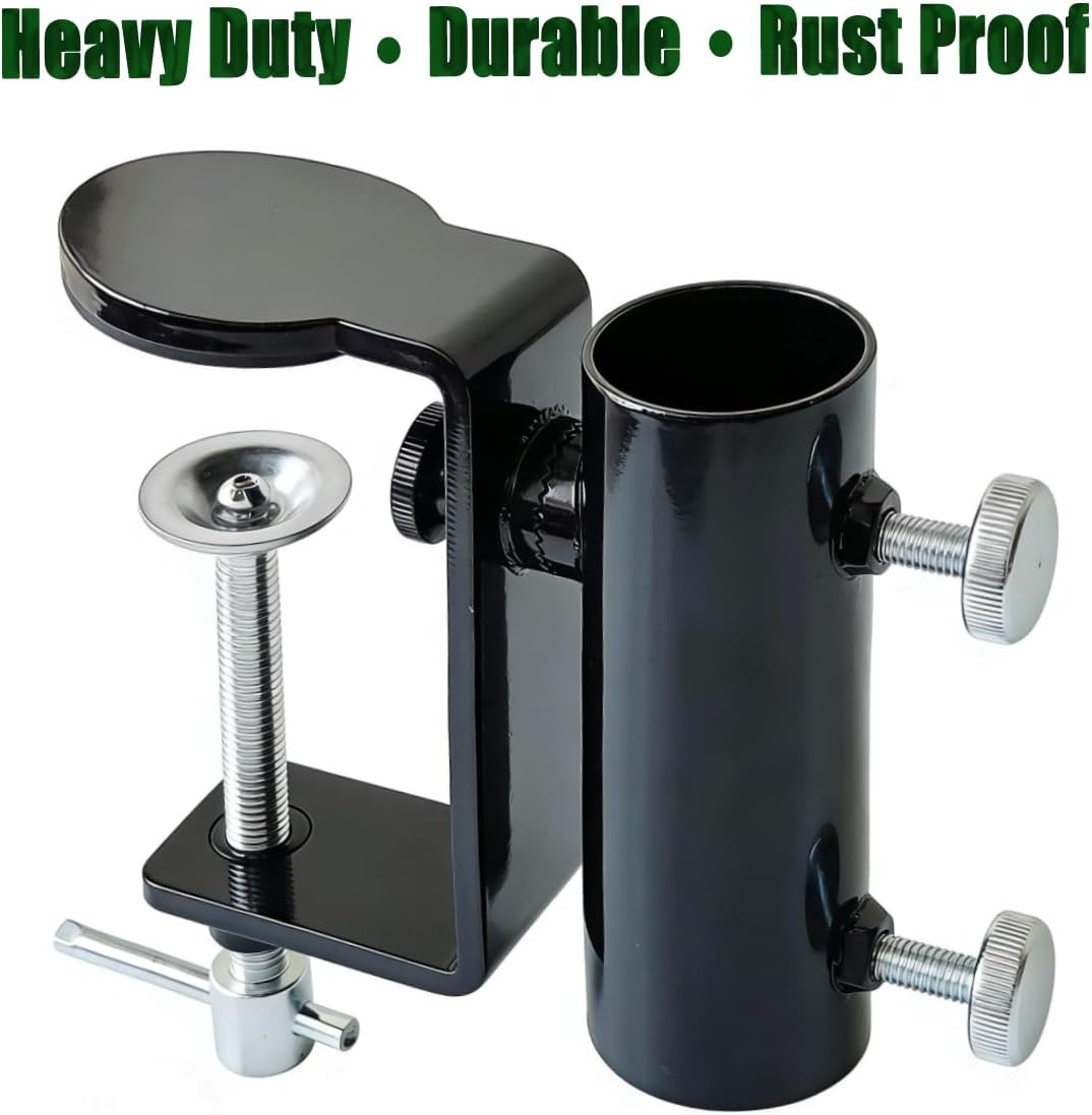 Heavy Duty Steel Umbrella Clamp - 360° Rotatable Balcony Umbrella Railing Umbrella Holder, Attaches to The Deck Railing, Chair, Benches, Tailgates, Boats and More, Black