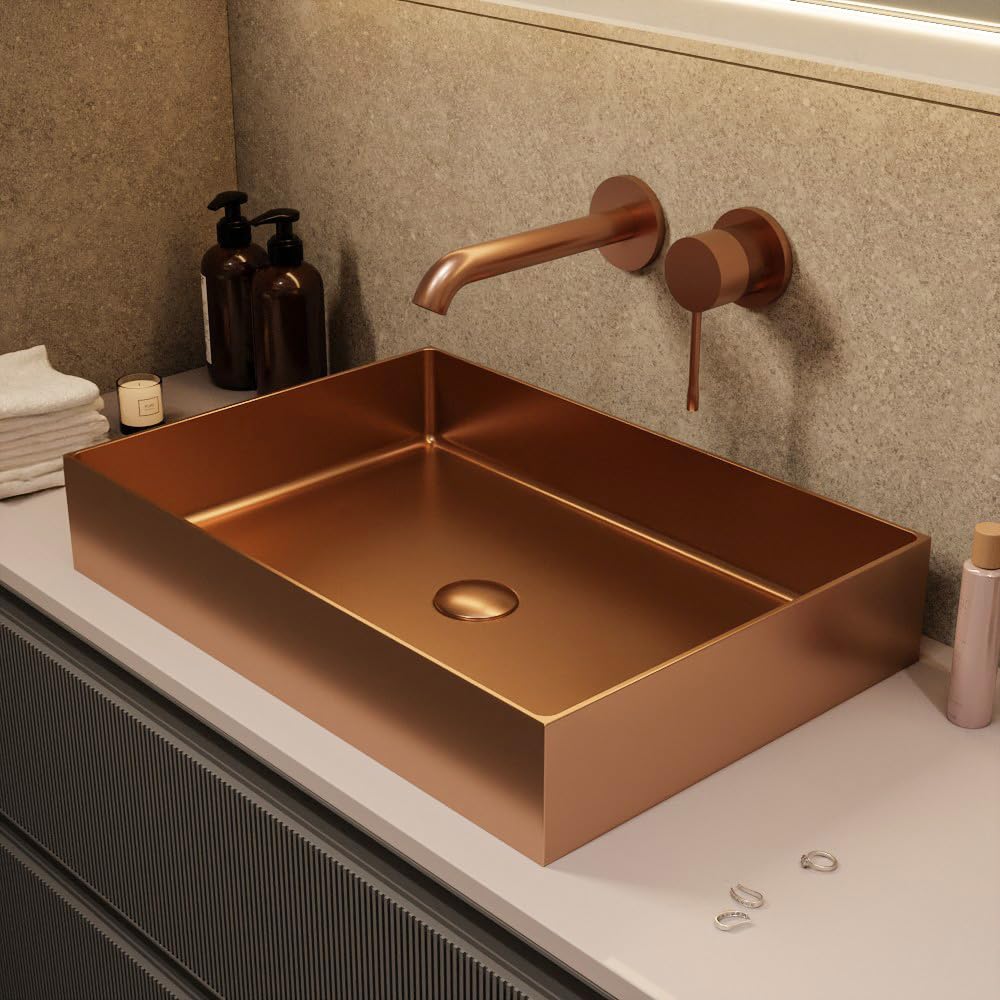 Lavabo de Encimera Timeless 55x38 cm | Acero Inoxidable 304 | Sin Rebosadero | Desagüe Cobre Cepillado | Fácil Instalación