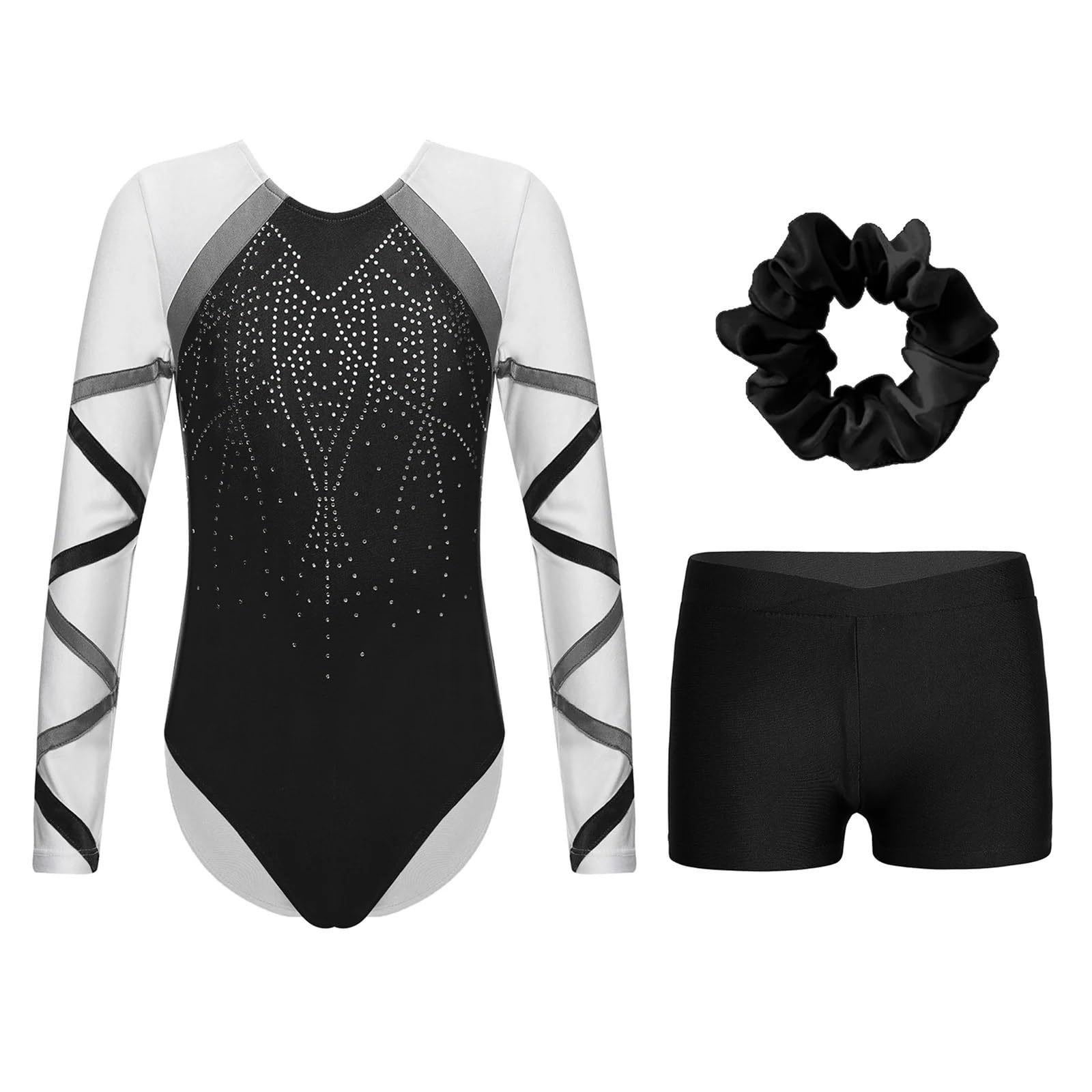 Maillot Gimnasia Ritmica Trajes de Gimnasia for niñas, Leotardos con Diamantes de imitación Brillantes, Body de Manga Larga con Pantalones Cortos, Ropa de Baile de Ballet(Black,6)