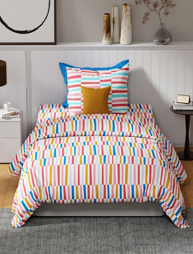 Image of United Colors of Benetton Rainbow White Geometric Pure Cotton Single Bedsheet with 1 Pillow Cover | 144 TC | Skin-Friendly, Soft & Breathable Bed Linen | 90 x 60 Inches