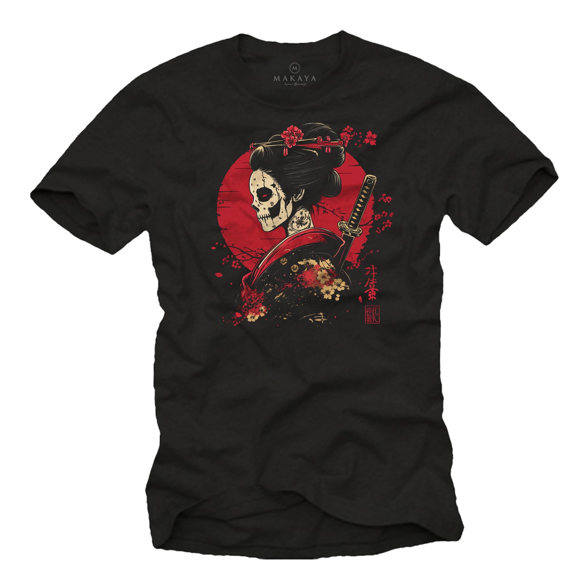 Makaya Men's Black Japanese Graphic T-Shirt – Kanji Geishas Samurai Design Anime & Manga Style Cool Japan-Inspired Tee Xxxxxl
